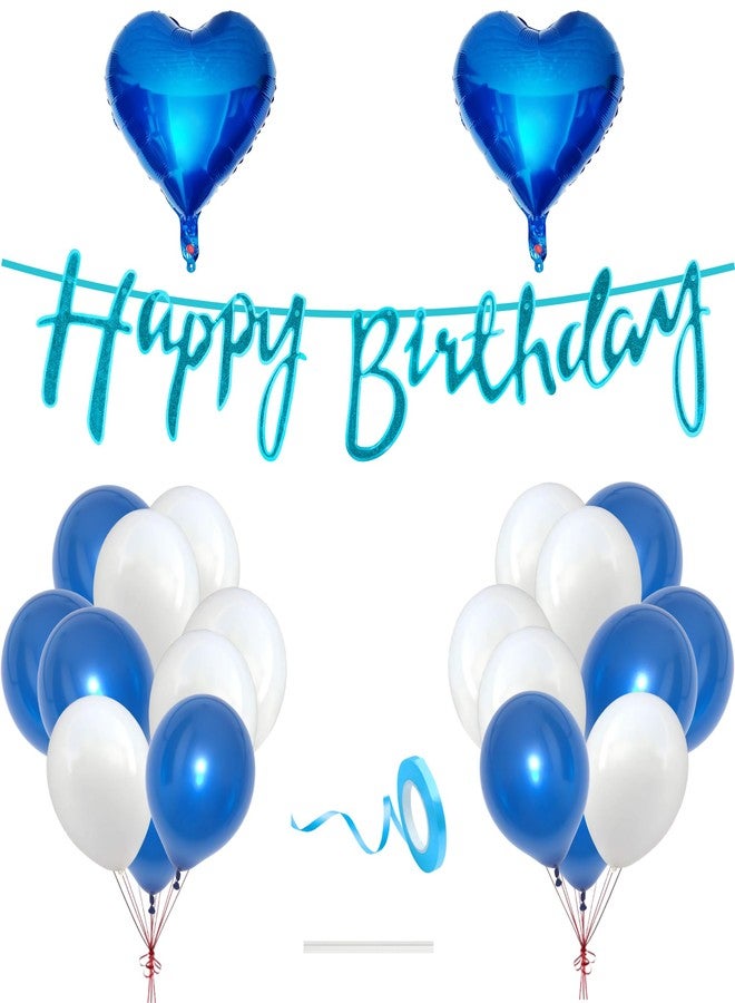 Flyloons Happy Birthday Decoration Kit Blue White for Baby Boys Girls Kids Husband Wife Father Mother With 20 Pcs Balloons Birthday Banner 2 Pcs Heart Items Set - Image 1